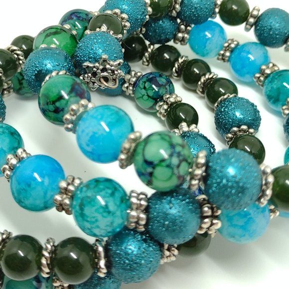 Dark Turquoise, Green and Emerald Aventurine 4 Row Memory Wire Bracelet - Picture 6 of 6